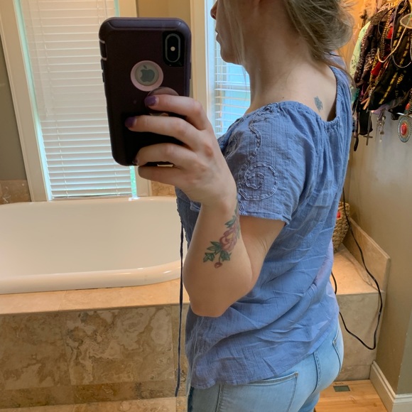 Boho gray blue peasant top with drawstring neck - Picture 2 of 5